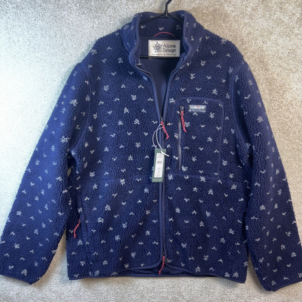 Alpine Design Mad Sherpa Full Zip Fleece Jacket Mens Medium Navy Birds Eye Print